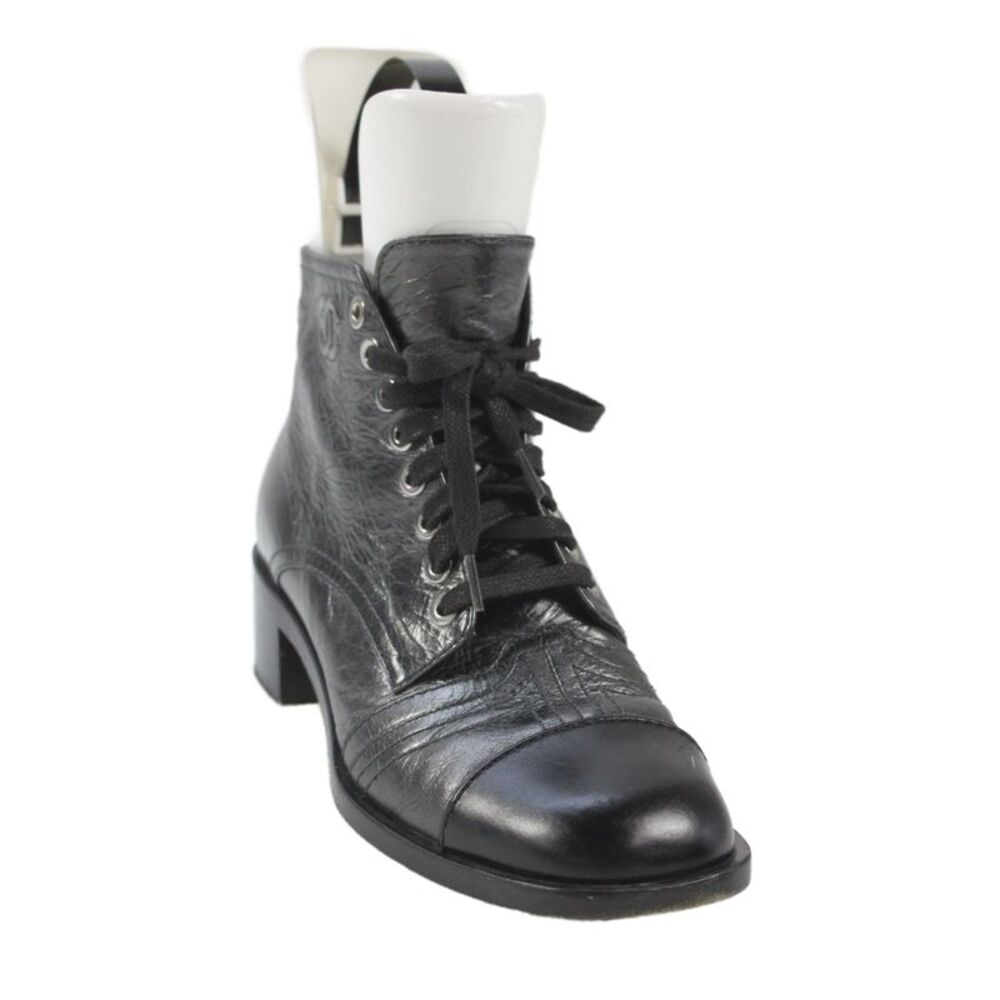 Chanel Leather Metallic Lace Up Ankle Boots Silver Size 6